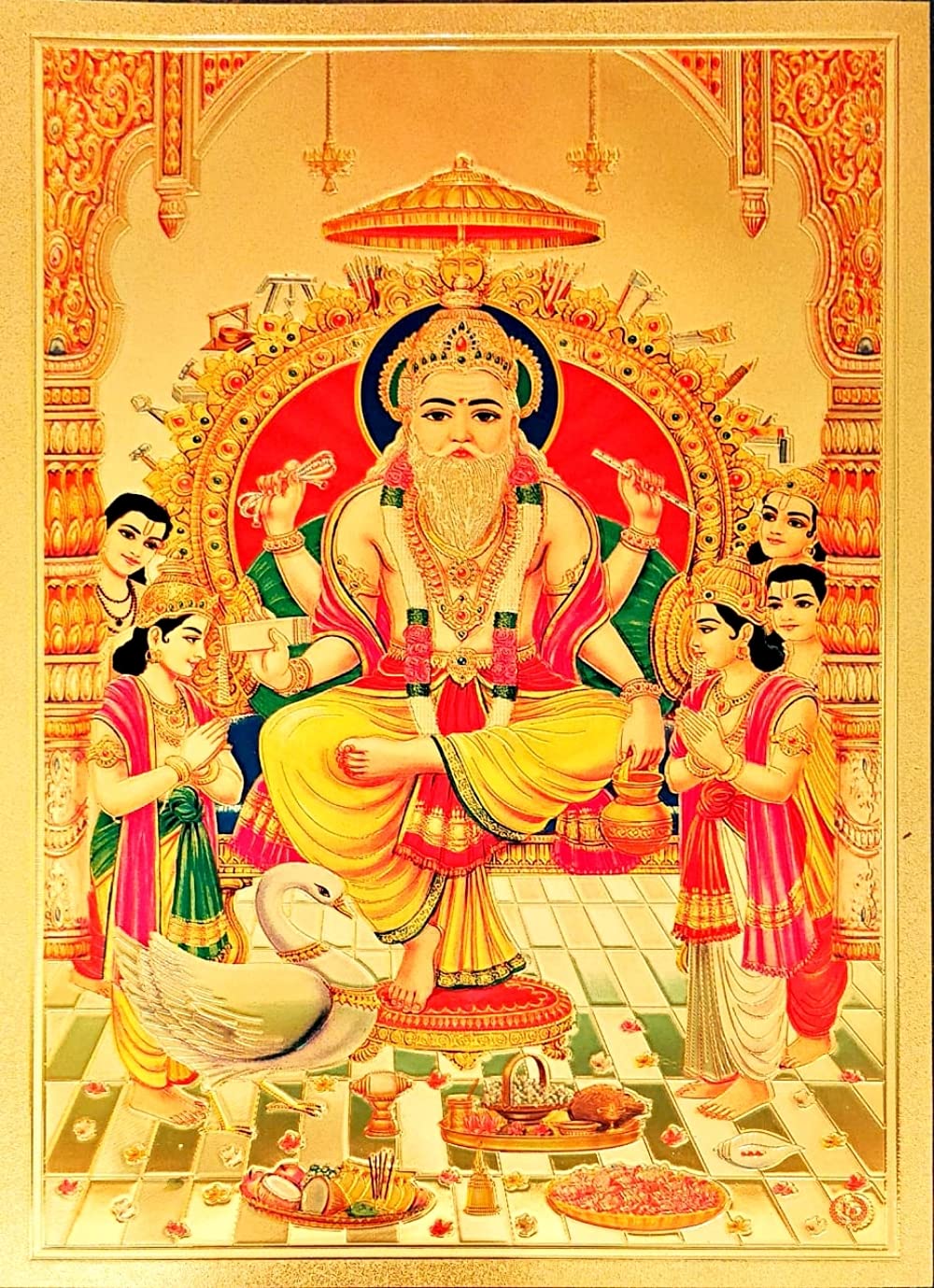 Suninow Wood Lord Vishwakarma - Brahma Gold Plated Photo Frame |God Photo Frames | Wall DCor Photo Frame | Photo Frame, 9.45 Inc